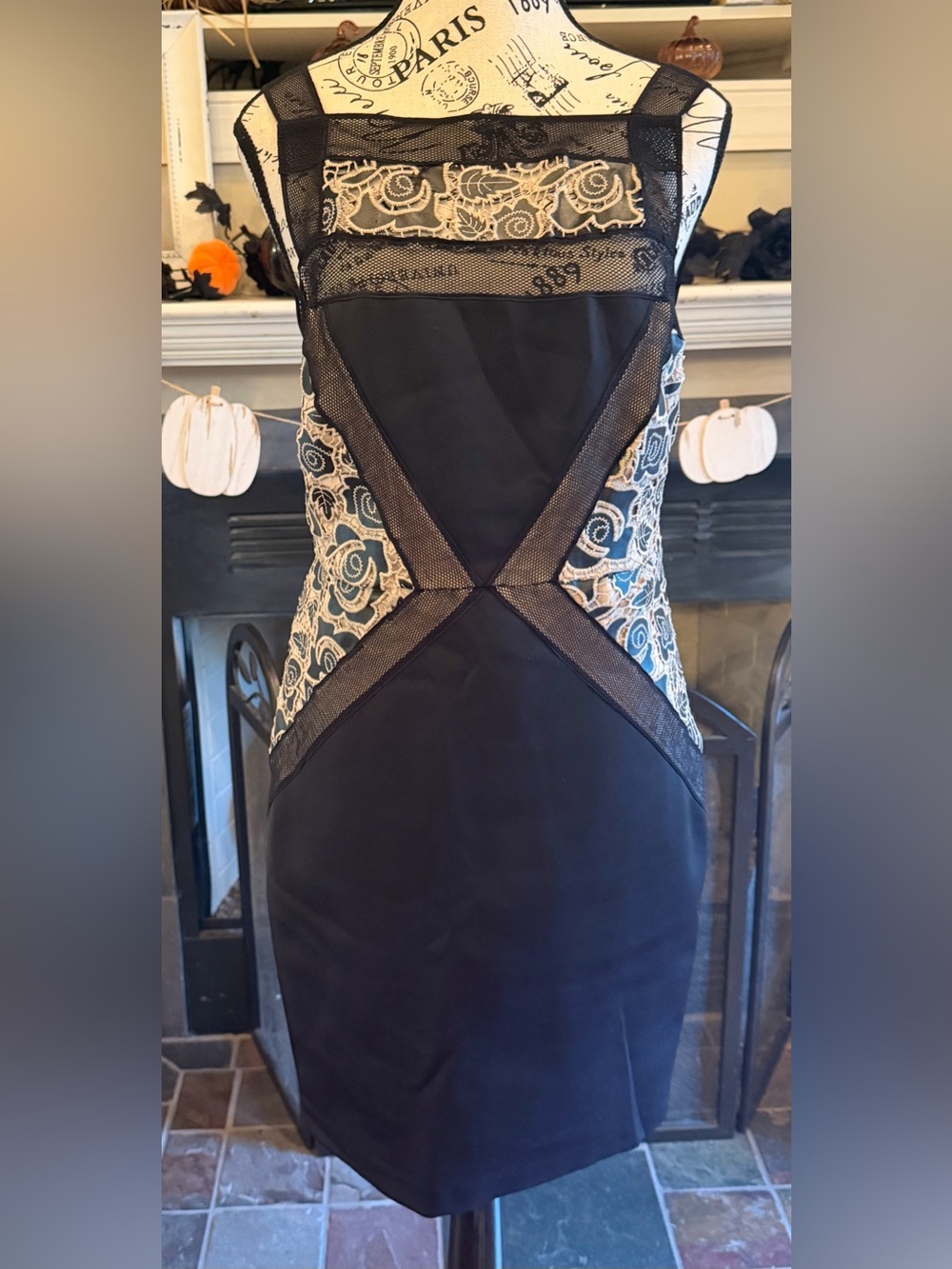 Tracy Reese Bodycon Shift Dress Faux Leather Cream Lace Black Mesh Moody NWT 8